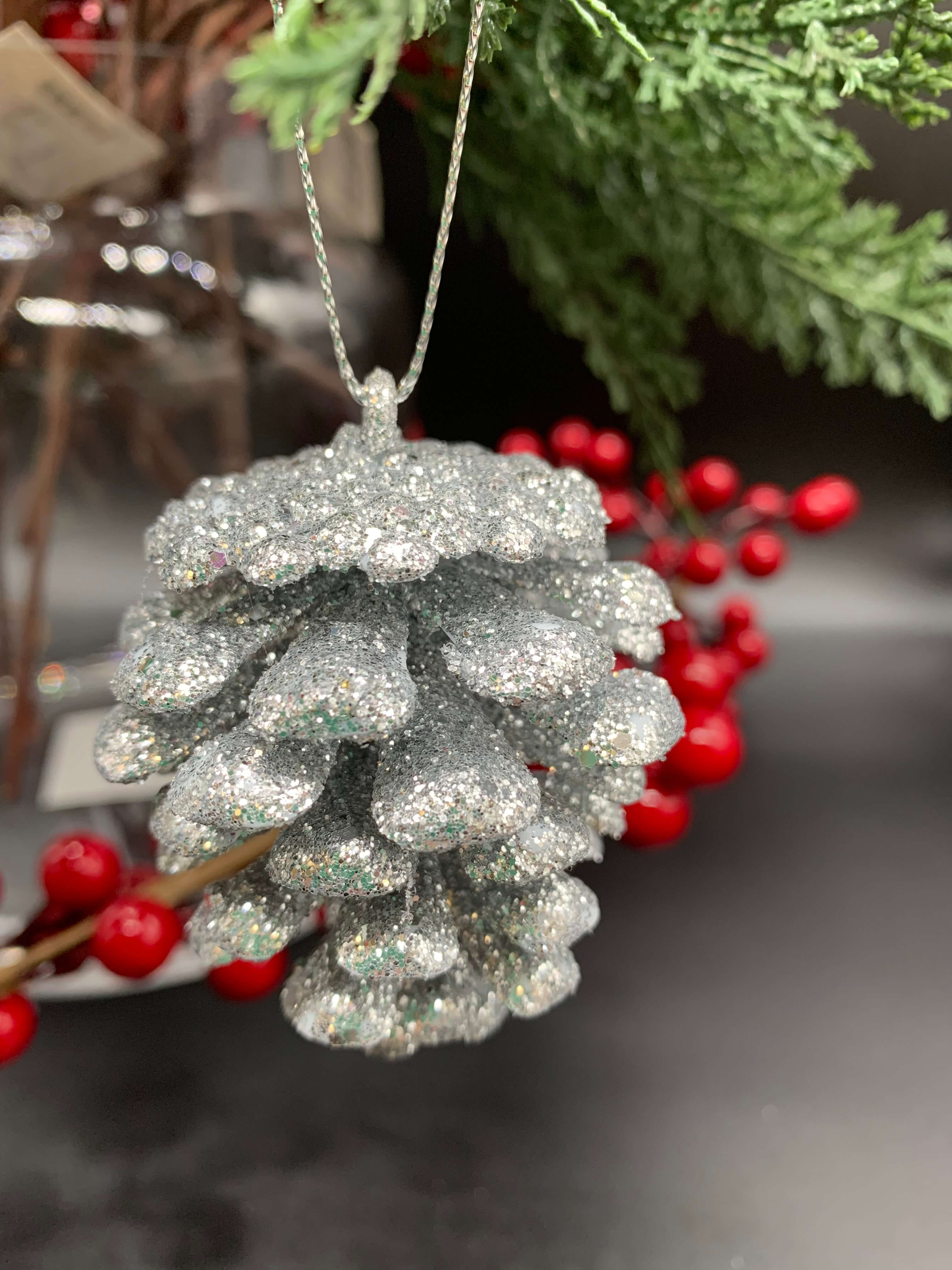 Silver Glitter Pinecone Ornament